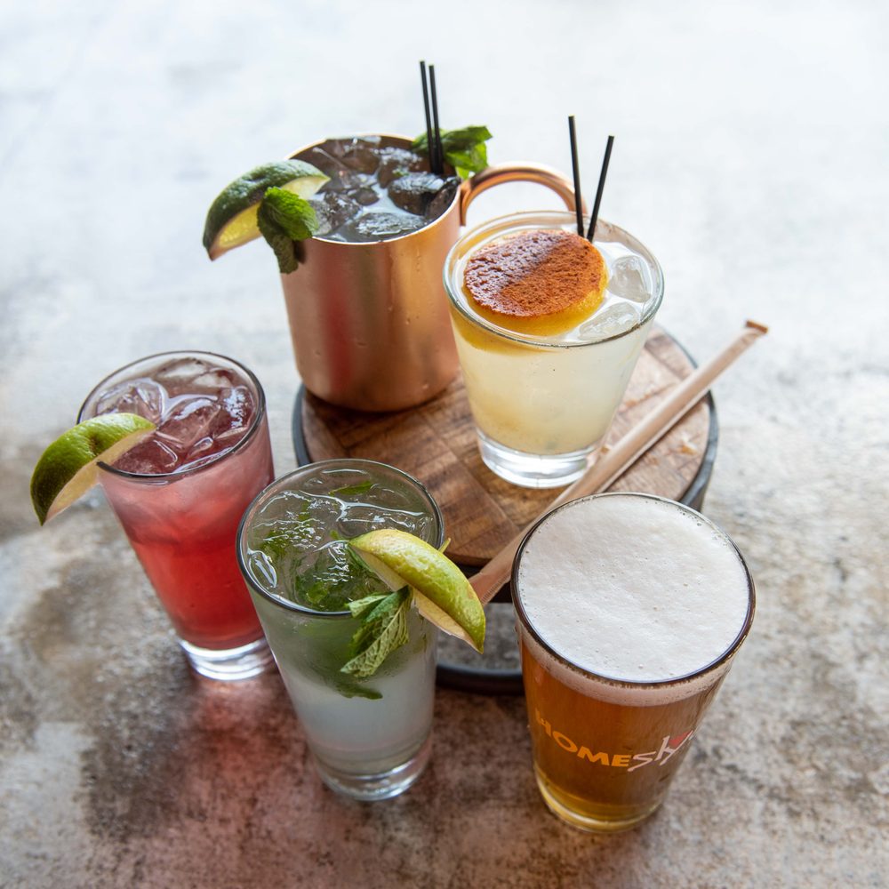 five drinks on a table