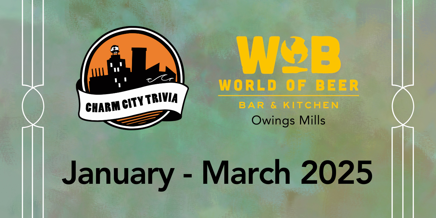 a multicolor background with the charm city trivia logo, world of beer owings mills logo, and black text. The text reads: January - March 2025