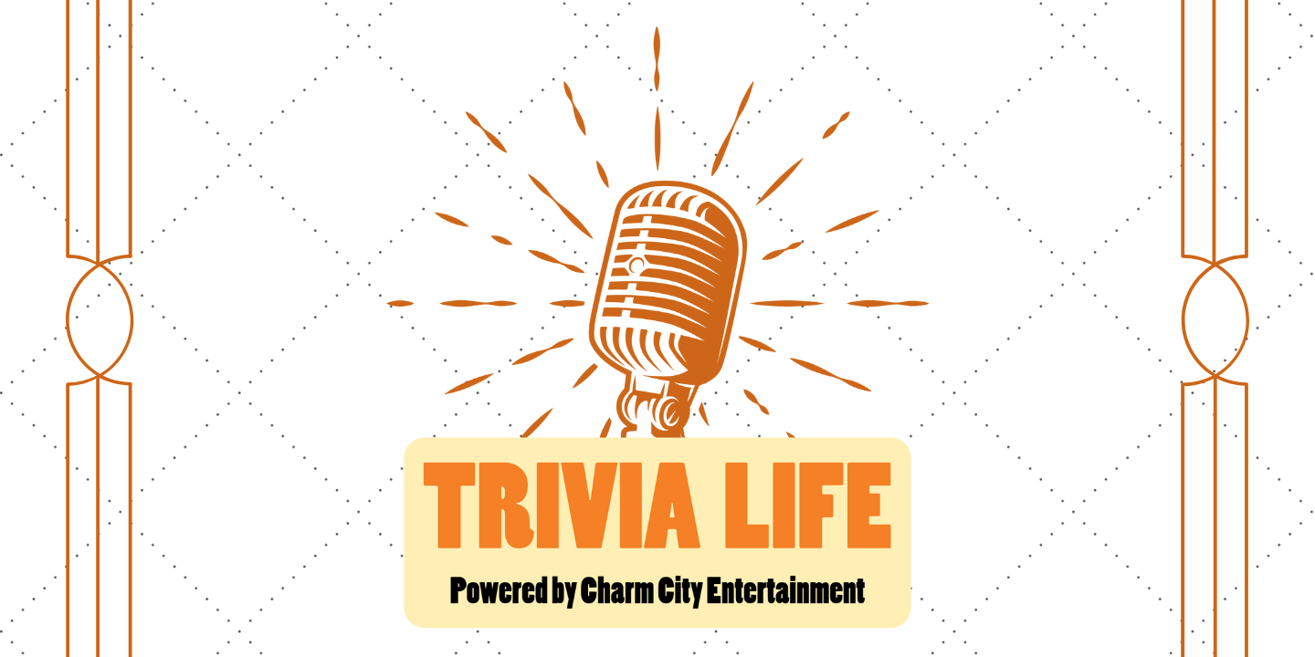 a white background with a gray dot pattern, dark orange border, and the trivia life logo