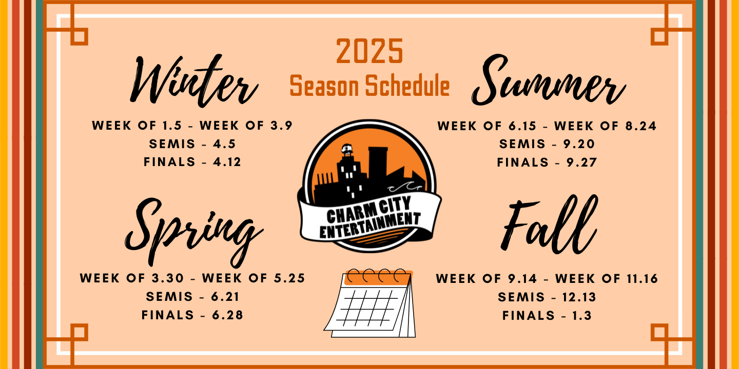 a light orange background with a dark orange and white border; teal, red, orange, and yellow lines; the charm city entertainment logo; a calendar icon; and dark orange and black text. The dark orange text reads: 2025 Season Schedule. The black text includes the dates for each of this year's trivia seasons, which can also be found in the article.