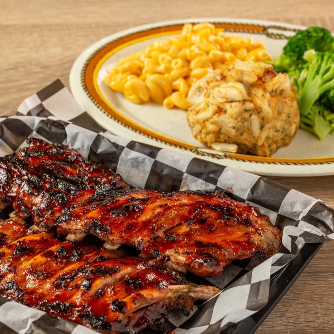 a "showstopper" - a crab cake and a full rack of baby back ribs with mac and cheese and broccoli