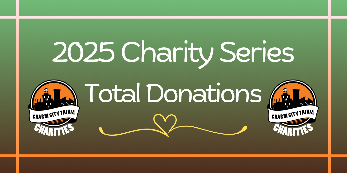 a gradient of medium green to dark brown background with an orange to light pink border, two Charm City Trivia Charities logos, a yellow heart detail, and white text. The text reads: 2025 Charity Series Total Donations
