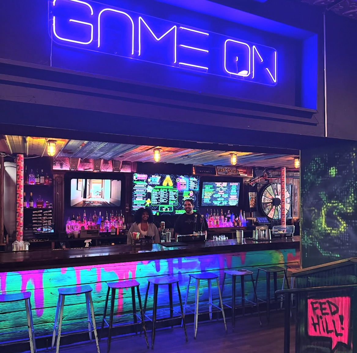 interior of gameon fed hill, bar area