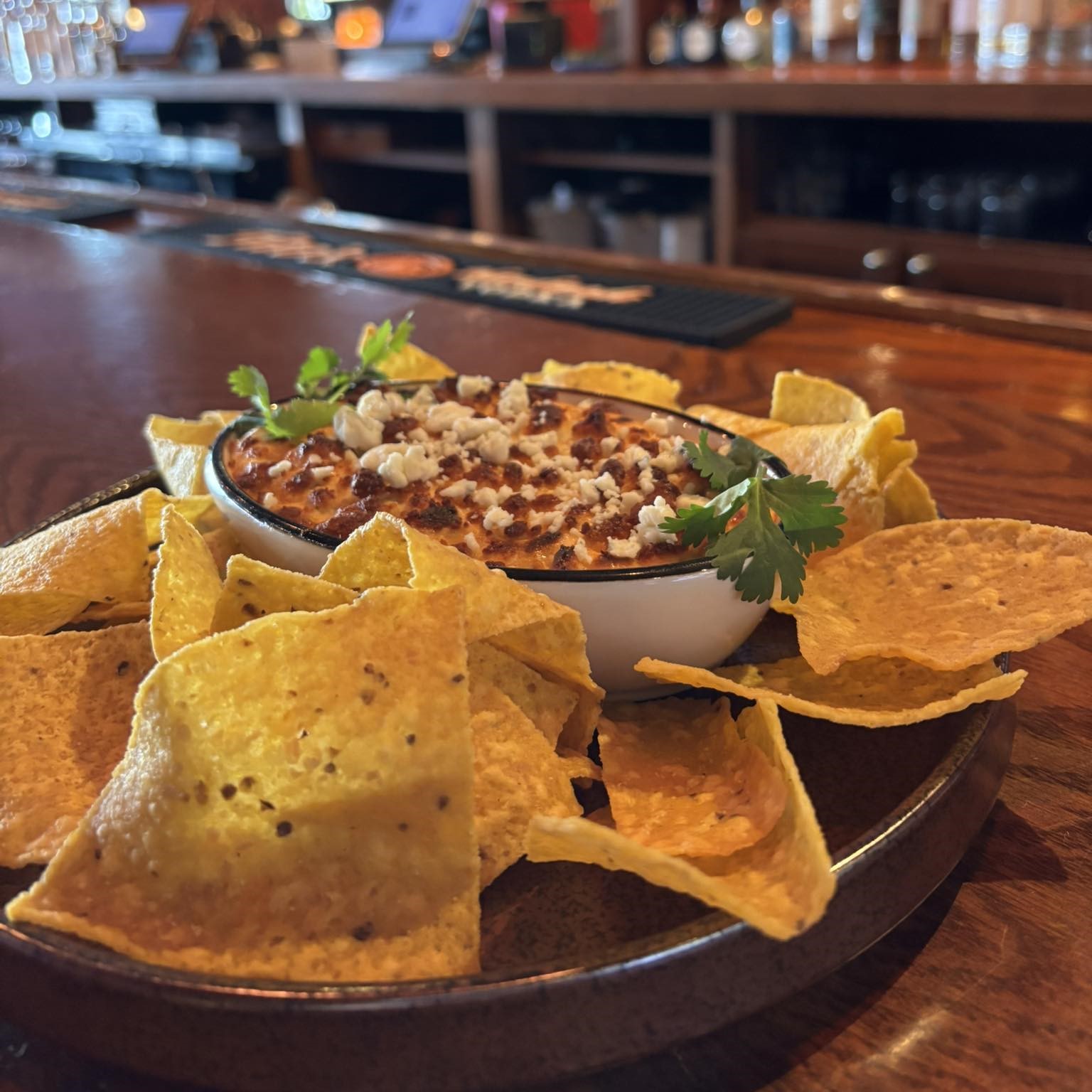 Buffalo Chicken dip with tortilla chips