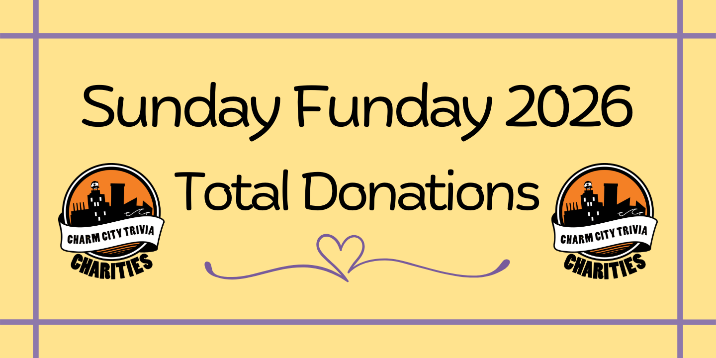 a yellow background with a light purple border, two Charm City Trivia Charities logos, a purple heart detail, and black text. The text reads: Sunday Funday 2026 Total Donations