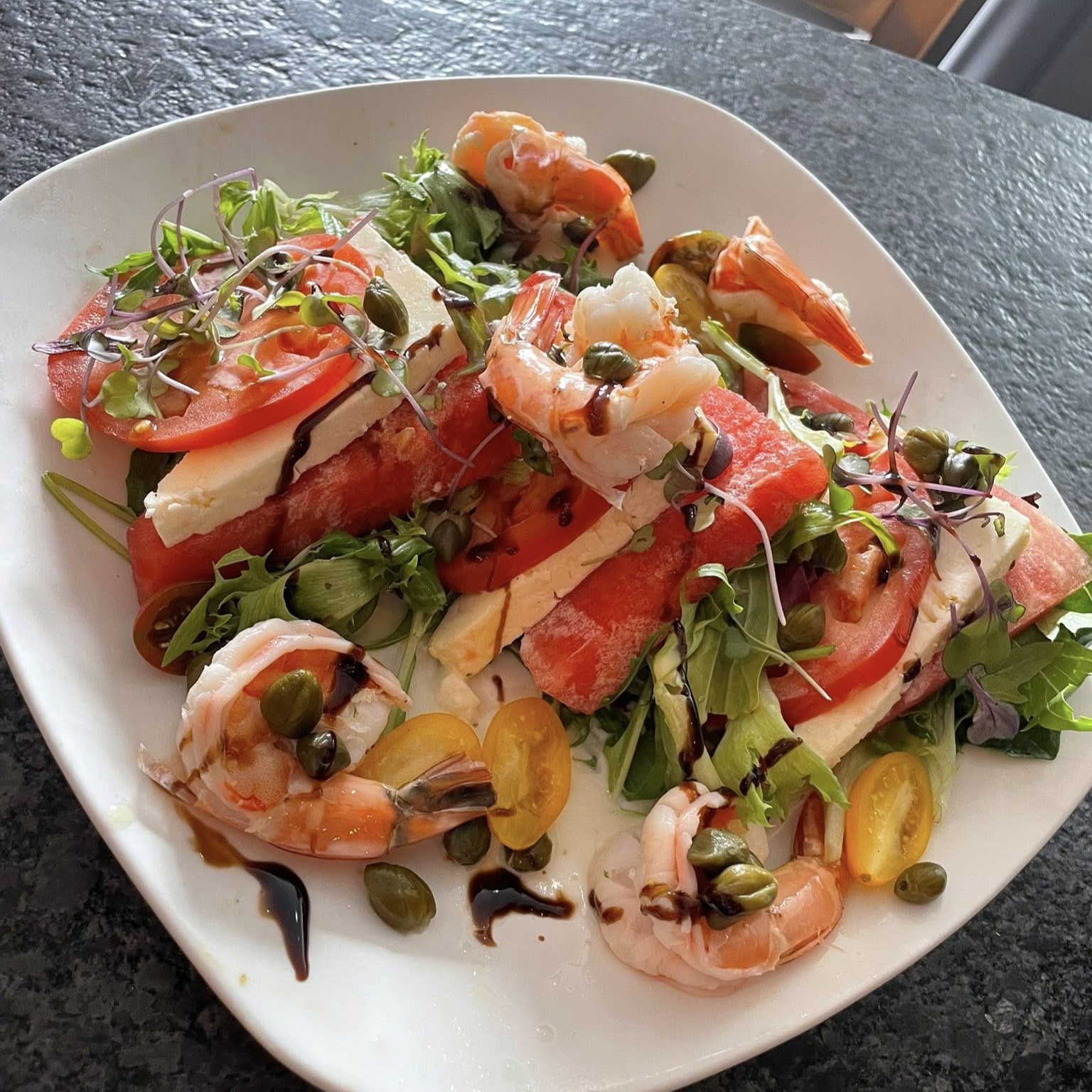 a shrimp and watermelon salad