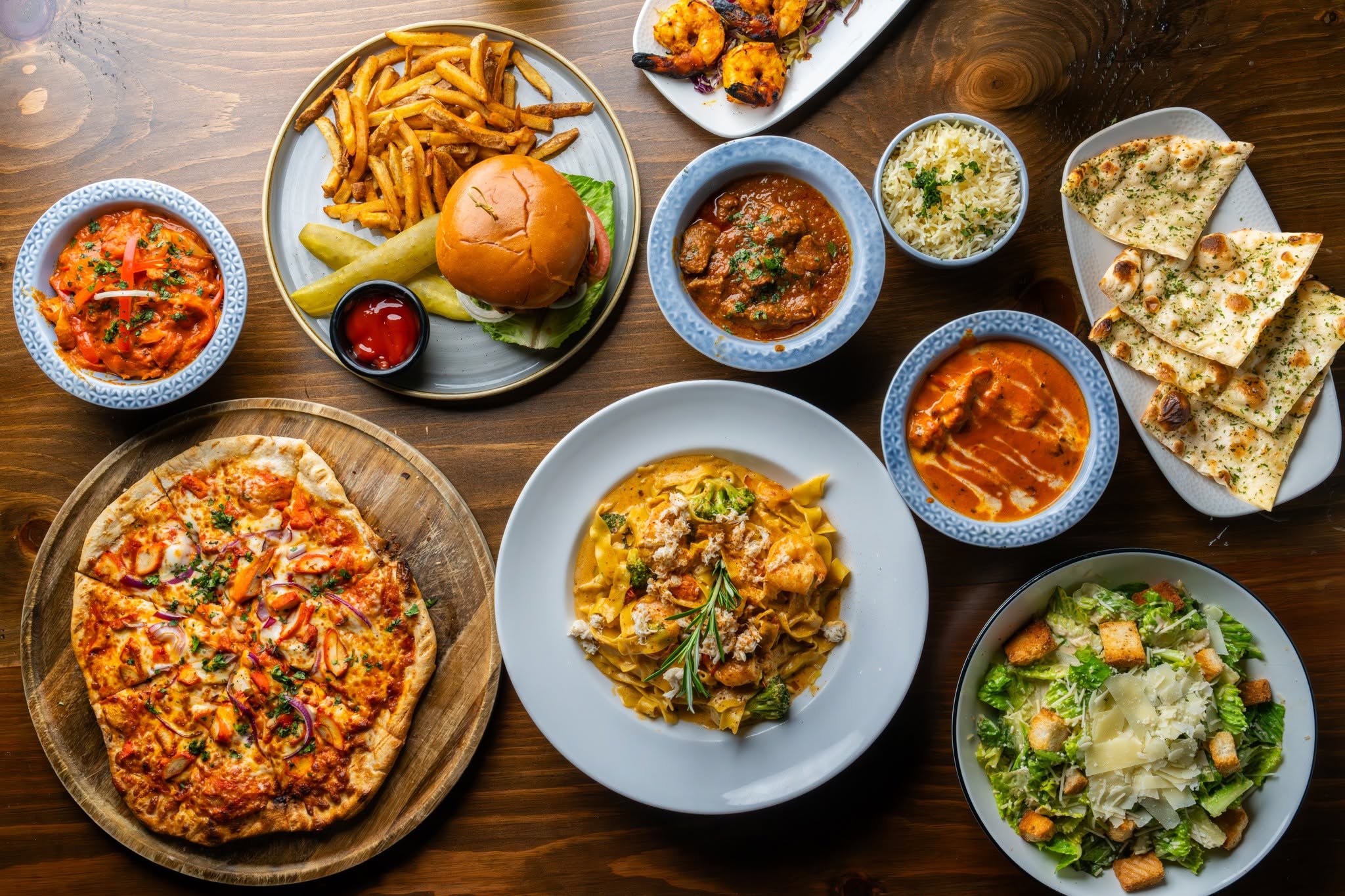 a table with various plates of food