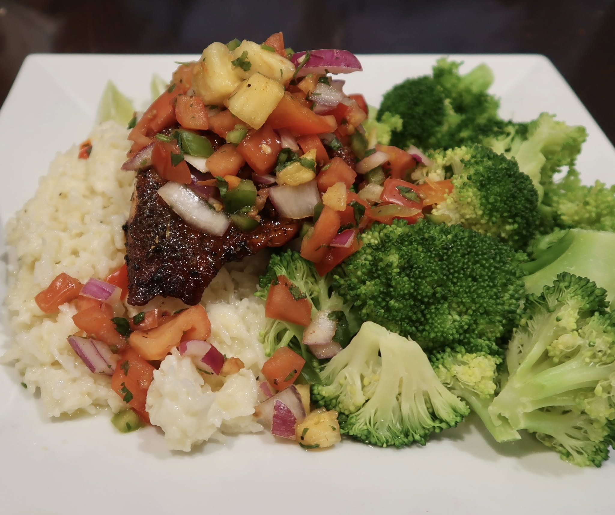 jerk salmon with broccoli