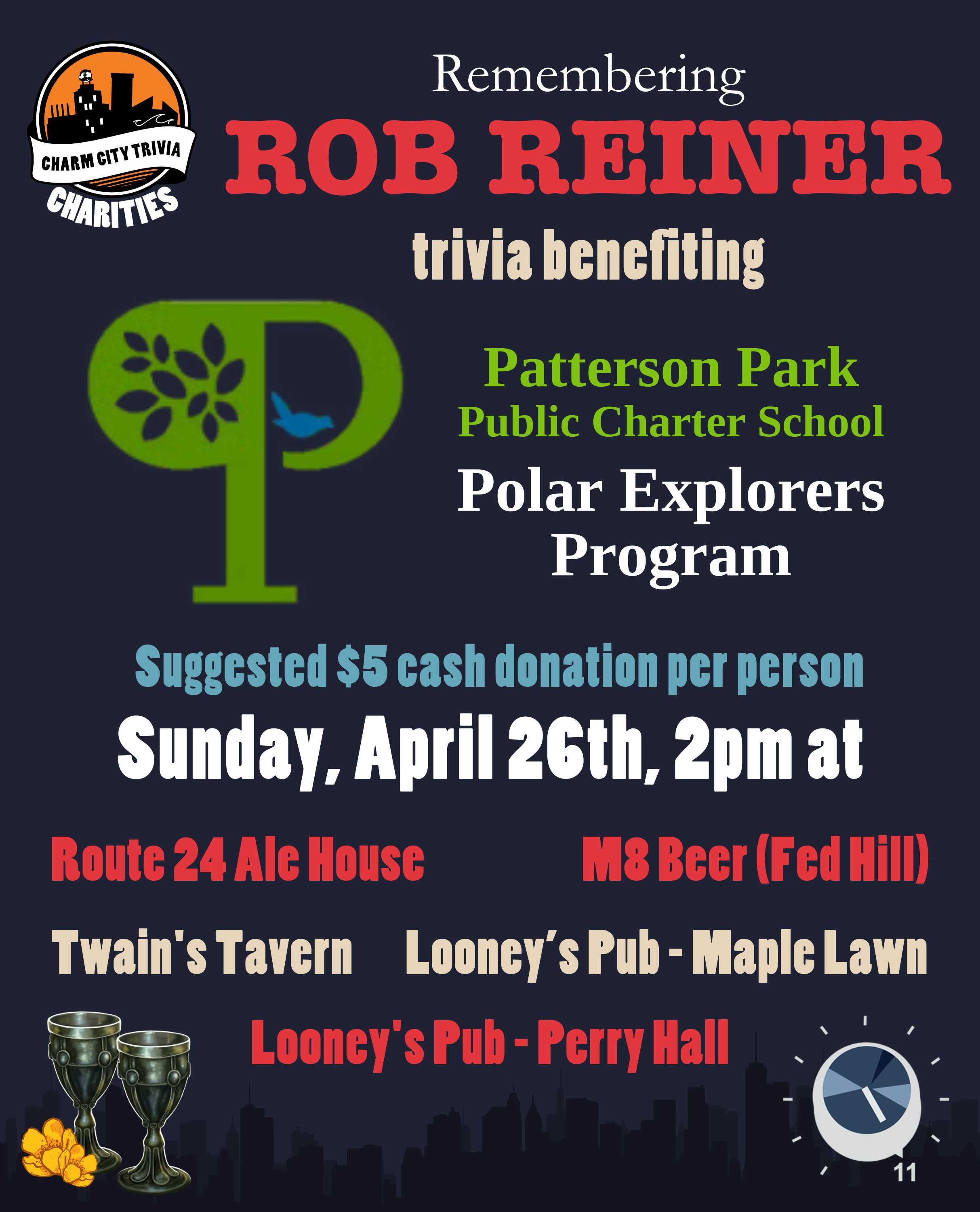 a dark blue background with the Charm City Trivia Charities logo, the Patterson Park Public Charter School logo, the goblets from The Princess Bride, buttercups, the dial from This Is Spinal Tap, a city skyline, and red, medium blue, beige, and white text. The text reads: Remembering Rob Reiner trivia benefiting Patterson Park PCS Polar Explorers Program. Suggested $5 cash donation per person. Sunday, April 26th, 2pm at. Route 24 Ale House. M8 Beer (Fed Hill). Twain's Tavern. Looney's Pub - Maple Lawn. Looney's Pub - Perry Hall.