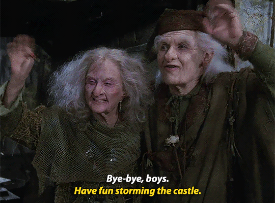 a gif of Miracle Max and Valerie from The Princess Bride waving with the text: "Bye bye, boys. Have fun storming the castle."